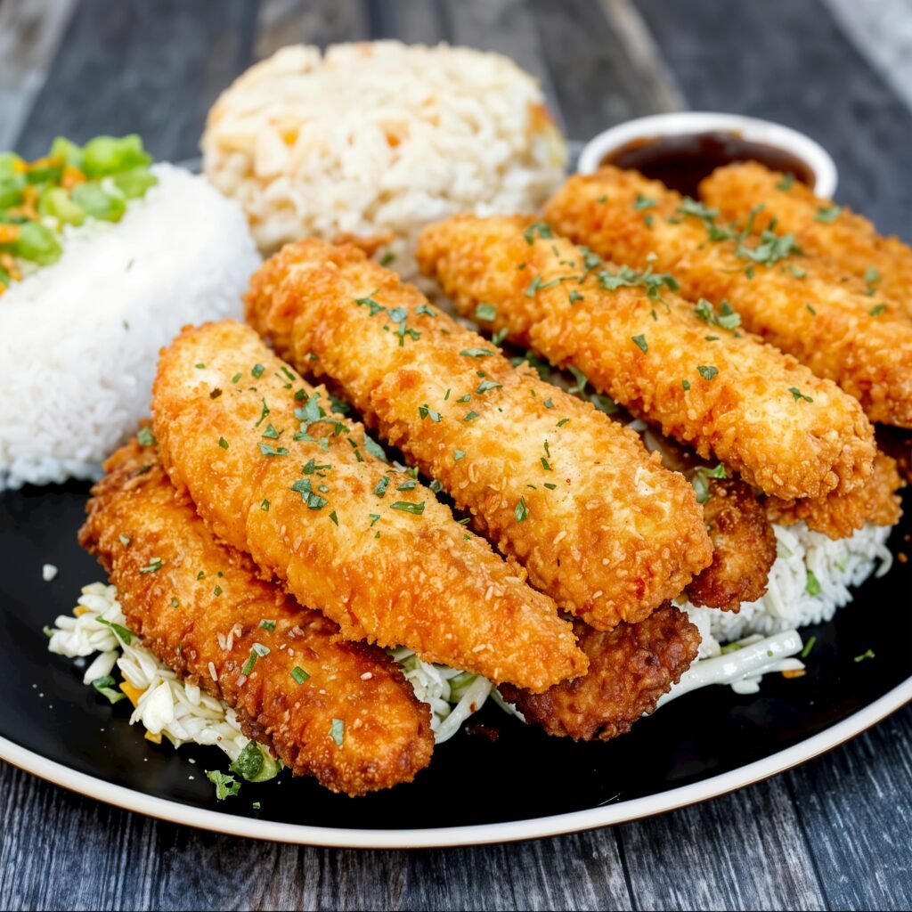 Delicious crispy fried chicken tenders served with rice and greens on a plate.
